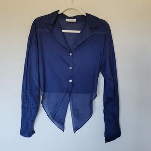 Santa Barbara Cotton Tie Front Button Down Top in Navy